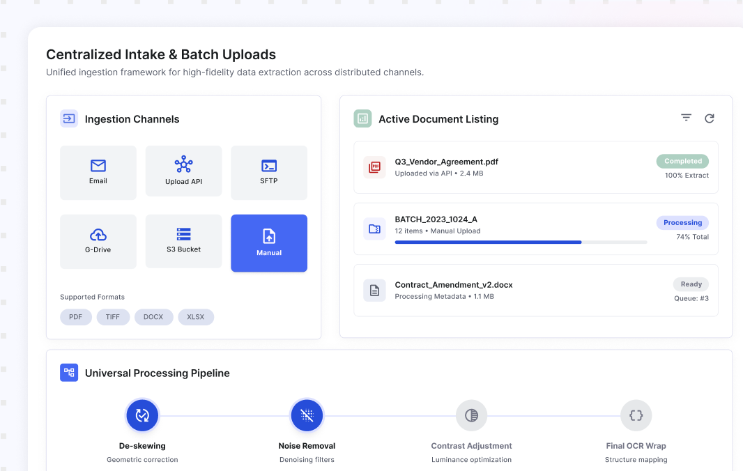 Centralized intake and batch uploads
